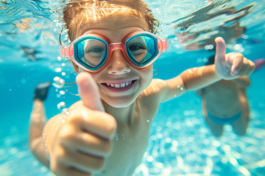 Kind schwimmt unter Wasser mit Schwimmbrille im Freibad